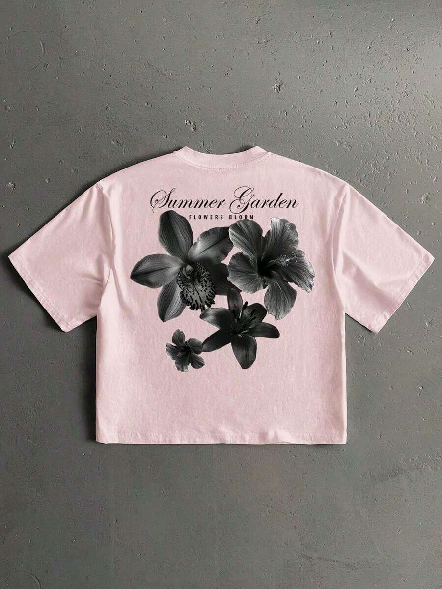 Camiseta de manga corta holgada y corta de talla estándar para hombre en color negro - Rosa - Ver 1