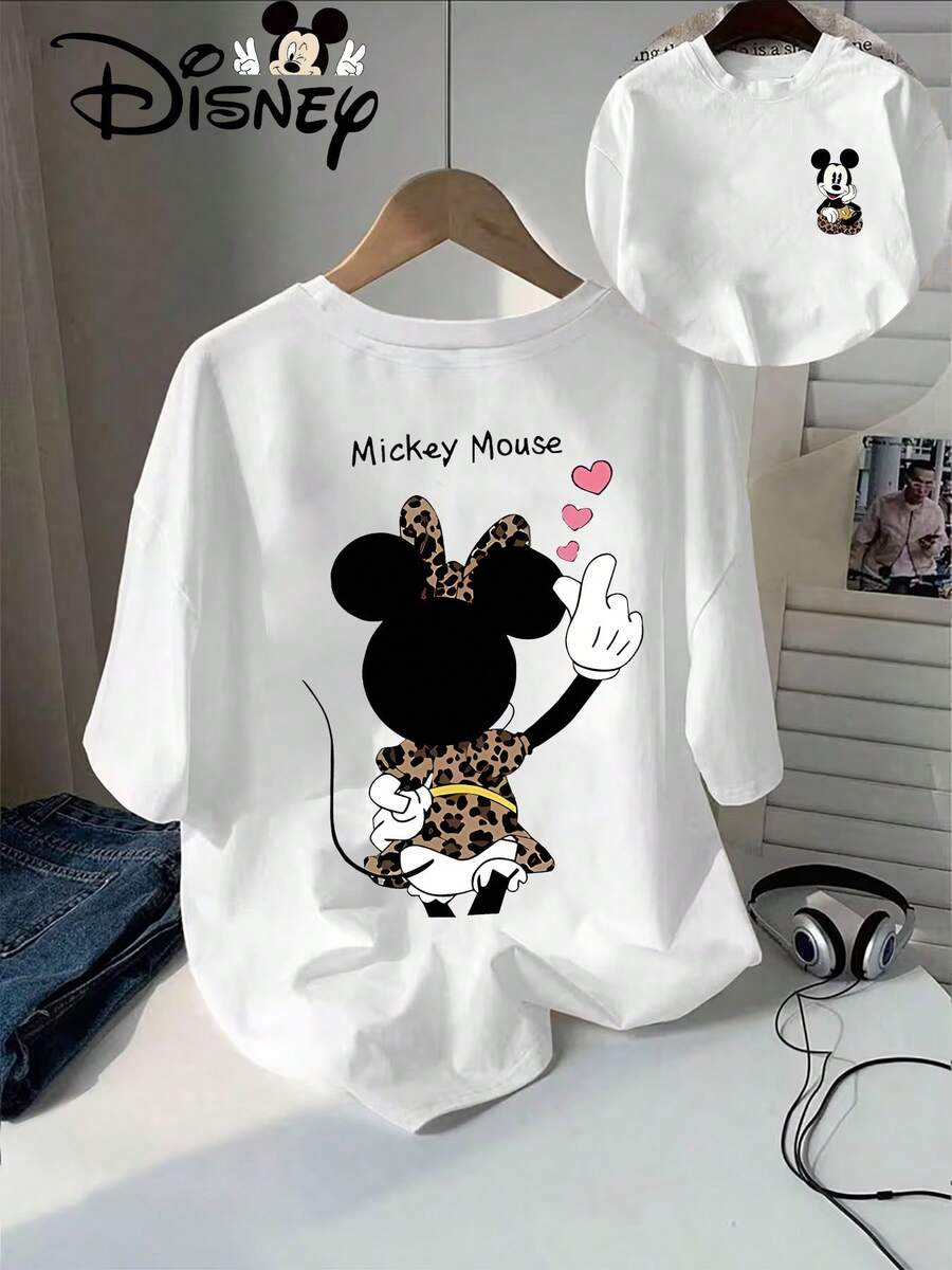 Disney Officially Licensed 100% Cotton T-Shirt, Unisex Short-Sleeve T-Shirt, Original Disney Mickey Mouse Leopard Print Summer Short Sleeve T-Shirt For Women, A Stylish And Casual Printed Top. - 白色 - 查看 1