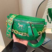 Medium Crossbody Chest Bag Crocodile Embossed Coin Purse, Fashion Chain Decor Zipper Fanny Pack With Adjustable Strap, Stylish Artificial PU Leather Waist Bag For Travel & Sports, Retro Classic Commuting Shoulder Bags For Women - Green - View 1