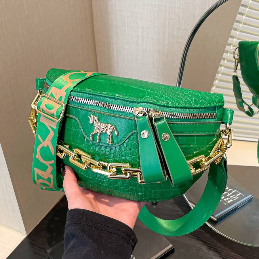 Medium Crossbody Chest Bag Crocodile Embossed Coin Purse, Fashion Chain Decor Zipper Fanny Pack With Adjustable Strap, Stylish Artificial PU Leather Waist Bag For Travel & Sports, Retro Classic Commuting Shoulder Bags For Women - Green - View 1