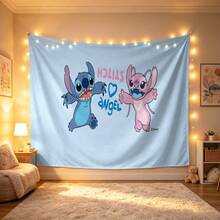 Disney Lilo & Stitch Wandteppich, süßer Muster von aufgeregtem Stitch und Engel mit Herzakzenten, leichter, weicher Stoff für Schlafzimmer, Wohnzimmer und Deko im Studentenwohnheim - 0 - Übersicht 6