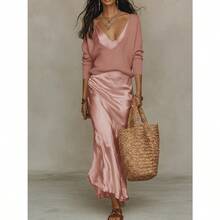 Women's Apricot Two-Piece Co-Ord Set, Deep V Knit Sweater & Satin Slip Dress, Casual Elegant Outfit For Daily, Home & Leisure - 勃根地套裝 - 查看 11