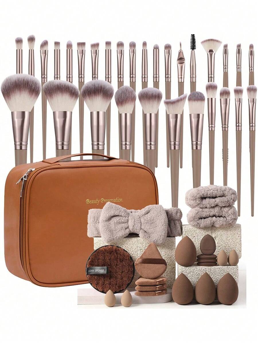 51PCS All-In-One Makeup Tools Set With 30 Brushes, Powder Puffs, Makeup Sponges, Waterproof Cosmetic Bag, Hairband & Accessories For Beginners - Multicolor - View 1