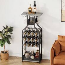 Rustic Freestanding Metal Wine Rack Table – Multi-Functional Bottle & Glass Holder Stand With Wood Countertop, Storage Shelves – Perfect For Home, Kitchen, Dining, Living Room – Compact Design - Grey - View 8