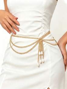 1pc Elegant Pearl Tassel Waist Chain, Gold Multi-Layer Body Chain Belt, Adjustable Women's Wedding Bridal Evening Party Dress Accessory - Gold - View 2
