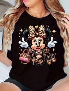 Minnie Mouse Leopard Print With Handbag And Shoes Graphic Disney Women T Shirt Round Neck Short Sleeve Casual Daily Wear Summer Outfit Soft Comfortable 220g - màu đen - Xem 1