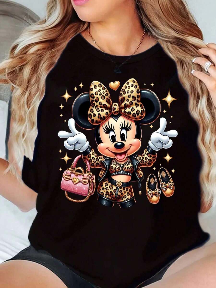 Minnie Mouse Leopard Print With Handbag And Shoes Graphic Disney Women T Shirt Round Neck Short Sleeve Casual Daily Wear Summer Outfit Soft Comfortable 220g - màu đen - Xem 1