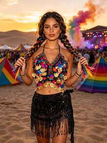 Áo hai dây crop top vỏ sò đính sequin nhiều màu kèm chân váy hông tua rua sequin, phù hợp cho lễ hội Carnival, lễ hội âm nhạc sa mạc và lễ hội EDM (có nhiều màu sắc) - Nhiều màu - Xem 17