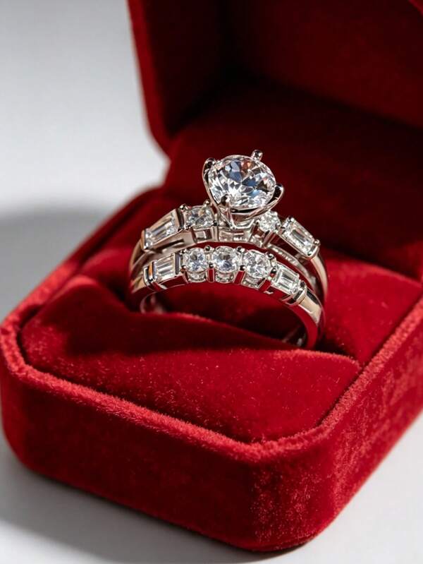 2pcs Stackable Wedding Ring Sets For Women, White Gold Plated CZ Diamond Bridal Ring Set, Elegant Engagement & Wedding Band Combo For Brides, Weddings & Special Occasions(No Box)