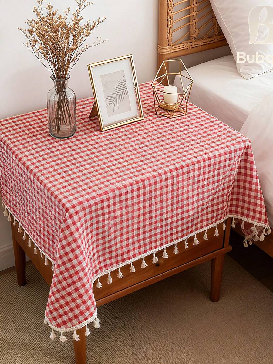 Tokoto Red Gingham Tablecloth With Tassel Fringe, Farmhouse Cotton Linen Table Cover For Dining Table, Nightstand & Coffee Table Decor, Rustic Boho Plaid Style