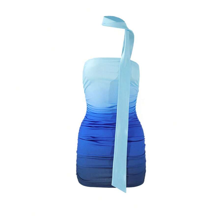 Sexy And Attractive Strapless Fitted Short Dress With Color Gradient Effect, For Women, Internet Celebrity Style. - Blue - View 1