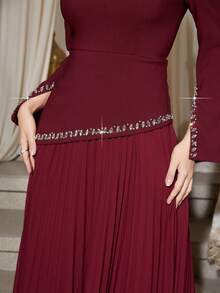 Women's Solid Color Mandarin Collar Asymmetrical Rhinestone Cuff Ruched Dress, Soft Fit & Flare Birthday Party Gown, Non-Stretch Wedding Spring - Burgundy - View 6