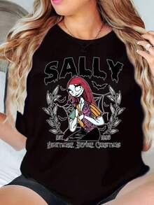 Sally Nightmare Before Christmas Character Print Disney Women T Shirt Round Neck Short Sleeve Casual Wear Halloween Costume Soft Comfortable 220g - màu đen - Xem 1