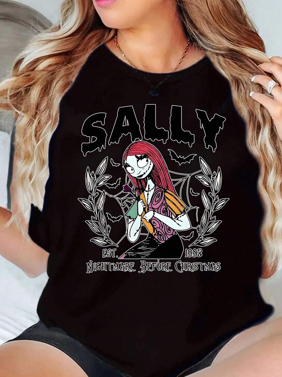 Sally Nightmare Before Christmas Character Print Disney Women T Shirt Round Neck Short Sleeve Casual Wear Halloween Costume Soft Comfortable 220g - màu đen - Xem 1