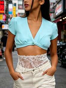Women's Vacation V-Neck Puff Sleeve Cropped Top, Slim Fit Multiple Colors Spring Summer Wear, Perfect For Beach, Party, Daily Casual Outfit - 湖藍色 - 查看 5