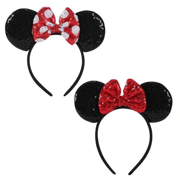 2pcs Disney Red Mouse Ear Sequin Headband, Shiny Bow Headband, Travel Essential Accessory, Girls Princess Costume Decor
