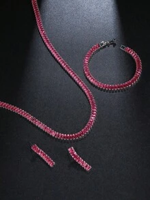 Bộ 3 món dây chuyền, vòng tay, bông tai đính đá zirconia kiểu móng vuốt mới, phù hợp cho nữ đeo đám cưới, tiệc tùng, mặc hàng ngày - Màu Hồng Tươi - Xem 3
