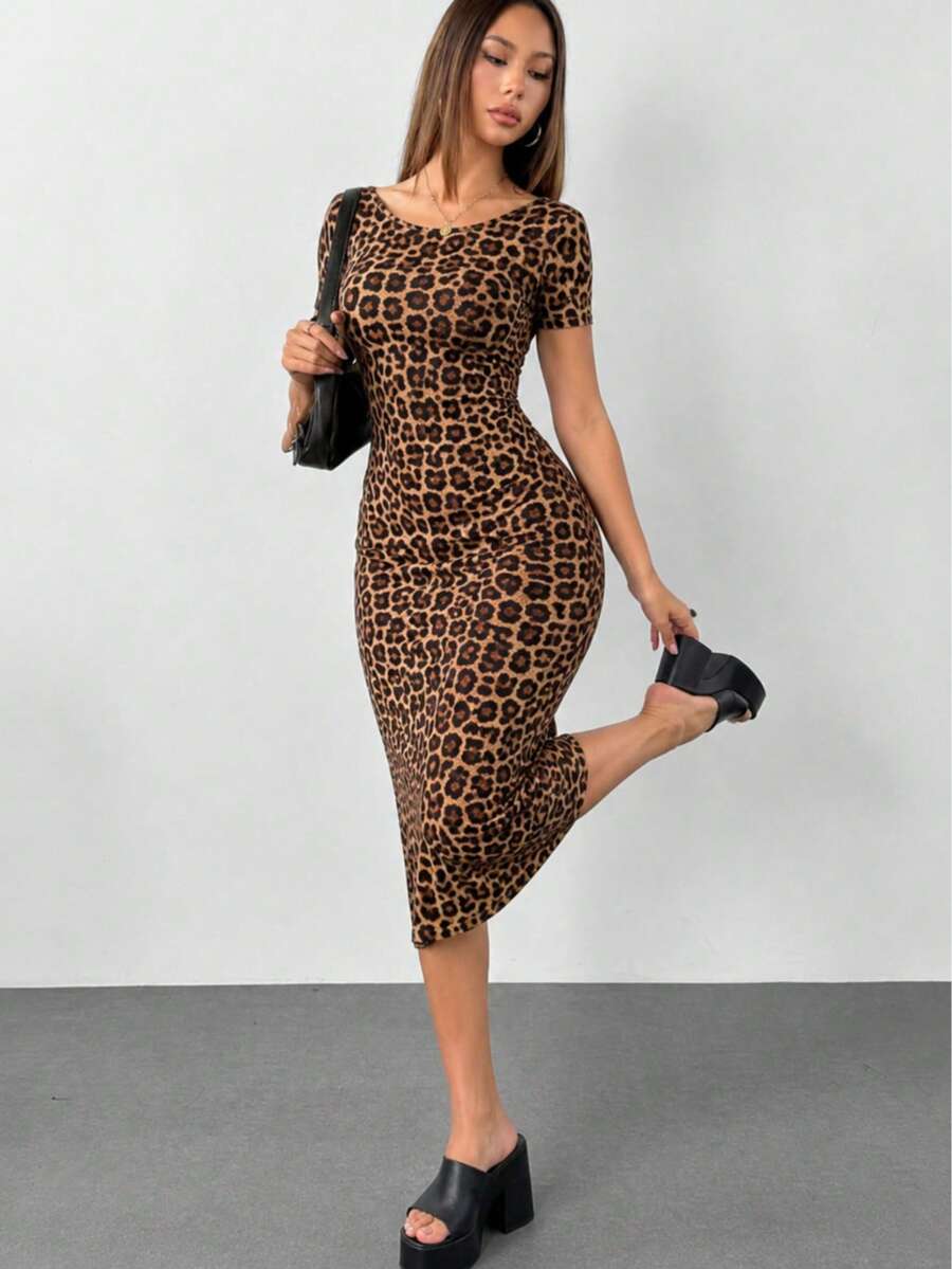 MHG Vestido Midi Ajustado Mujer Tela Rib Acanalada Manga Corta Casual Elegante Stretch Moldea Figura Moda Viral - Animal Print - Ver 1
