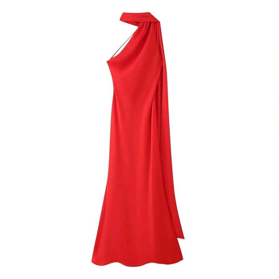 Vestido largo elegante de satén de seda suave para mujer, vestido largo sin mangas con cuello Halter y espalda descubierta, vestidos de con cinta larga para verano - Rojo - Ver 1