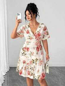 Vestido floral de escote en V para mujer talla, falda suelta tipo babydoll en línea A, perfecto para bodas de verano y primavera, vestido elegante para fiestas, vestido primaveral para vacaciones occidentales, conjunto de verano para mujer, vestido romántico. - Multicolor - Ver 3