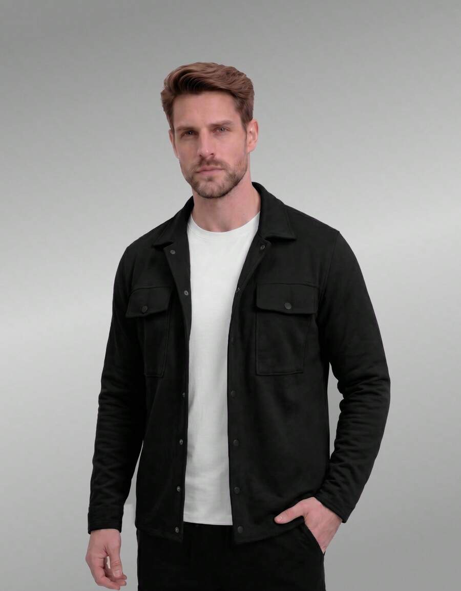 Stylish Men's Jacket With Waterfall Collar, Long Sleeves, Casual Sweatshirt Style With Button Details And Pockets. - 黑色 - 查看 1
