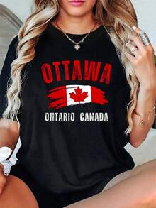 Ottawa Ontario Canada Canadian Flag Maple Leaf T-Shirt -Autumn 100% Maple Leaf Printed Round Neck T-Shirt, Thanksgiving Halloween Short-SDenim‑Toneved - Black - View 8