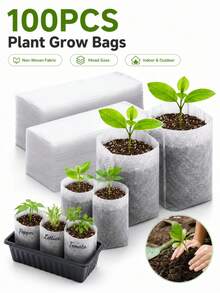 100个无纺布植物生长袋 – 混合尺寸育苗盆，植物育苗容器，适用于室内外园艺、土壤移植、家庭园艺、蔬菜、花卉、树木、幼苗、根系培育 - 白色 - 查看 1