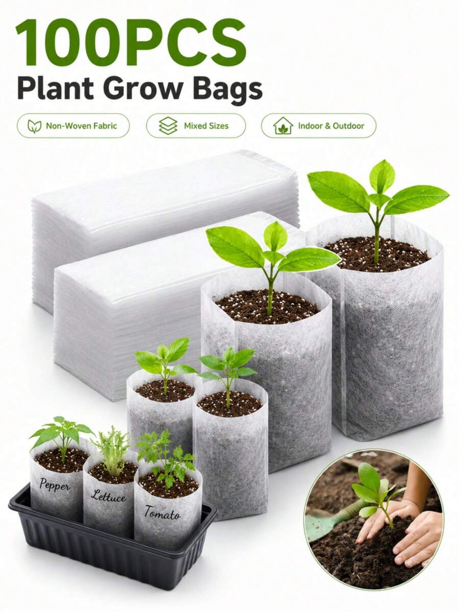 100个无纺布植物生长袋 – 混合尺寸育苗盆,植物育苗容器,适用于室内外园艺、土壤移植、家庭园艺、蔬菜、花卉、树木、幼苗、根系培育 - 白色 - 查看 1