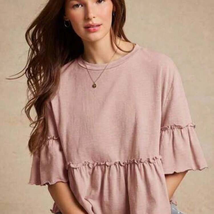 Camiseta con cuello redondo de punto slub, mangas con volantes y peplum, ideal para volver al colegio, otoño y conciertos country - Rosa vieja - Añade 1