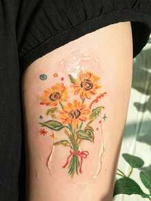 1pc Watercolor Style Sunflower Bouquet Vertical Tattoo Design Temporary Tattoo Sticker - A Realistic Tattoo Design In Watercolor Style, Suitable For Travel, Music Festivals, Games, Graduation Gifts, And It Can Last For 3-5 Days. - Multicolor - View 3