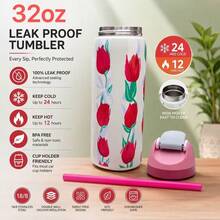 32oz Printed Insulated Water Bottles Features A Variety Of Eye-Catching Designs, Including Colorful Floral And Cartoon Patterns. The Portable Handle Fits Into Car Cup Holders, And The Large 32-Ounce Capacity Is Enough To Meet Your Hydration Needs Throughout The Day. It's A Stylish And Practical Drinking Companion For Commuting, The Office, Outdoor Camping, And Road Trips. - 紅色 - 查看 2