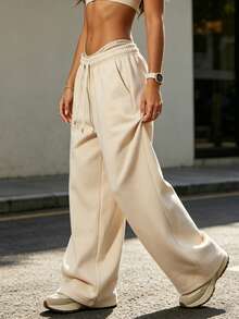 1pc Women's Drawstring Waist Loose Wide Leg Casual Sweatpants, With Pockets, Knit Fabric With Slight Stretch Fall - Champagne - View 6