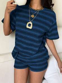 Conjunto de camiseta de manga corta y pantalones cortos de punto a rayas para mujer de estilo casual - Azul marino - Ver 6