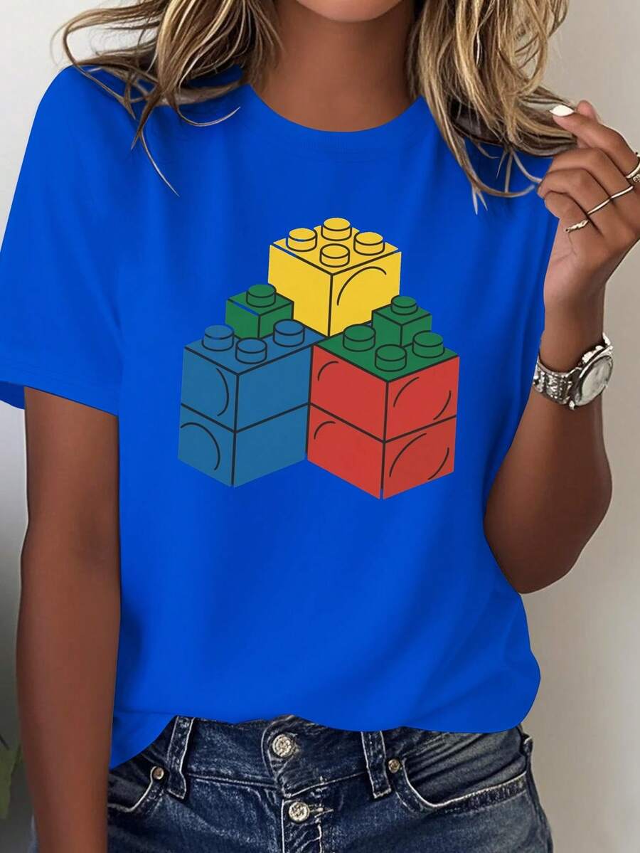 Women's Solid Color T-Shirt With Interlocking Block Design, Comfortable And Durable. - Blue - View 1