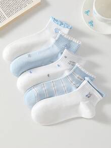 5 Pairs Women Cute Sweet White & Blue Bow, Heart, Cherry Print Short Socks, Student Socks, Comfortable Casual Creative Ruffled Socks, Random Colors, Suitable For Daily Wear All Seasons - Multicolor - View 2