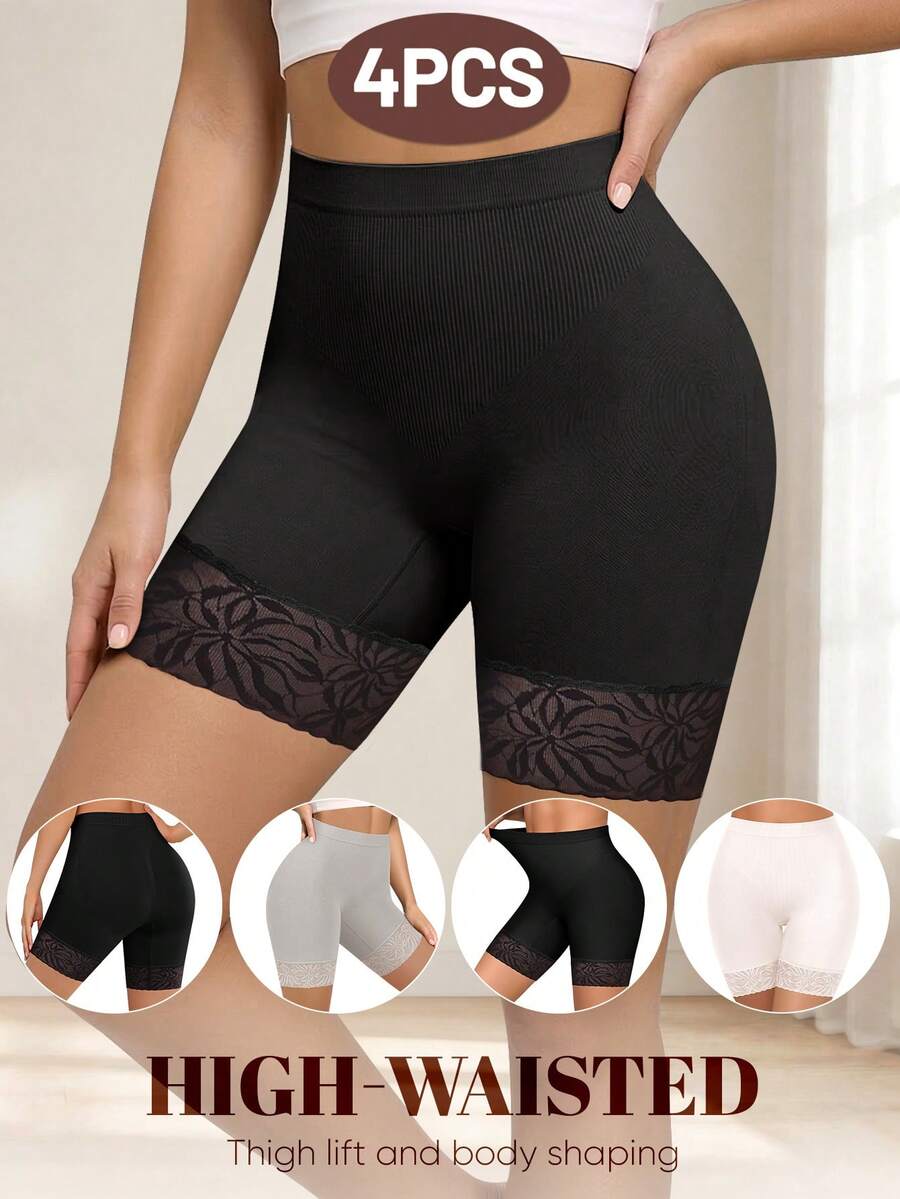 MEIYATING 4pcs High Waist Tummy Control Butt Lifting Seamless Lace Pattern Panties For Women