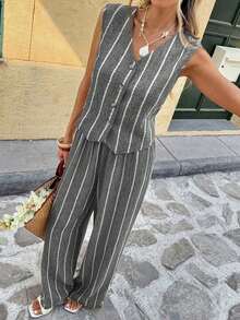 Frenchy Conjunto de 2 piezas de top sin mangas con botones a rayas y pantalones casuales para mujer - Gris - Ver 7