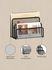 1pc Black Metal Mesh Desktop Letter Organizer, Small File Folder Organizer, With 3 Vertical Compartments Bookstand, Suitable For Classroom And Office Document Organization - Black - View 5
