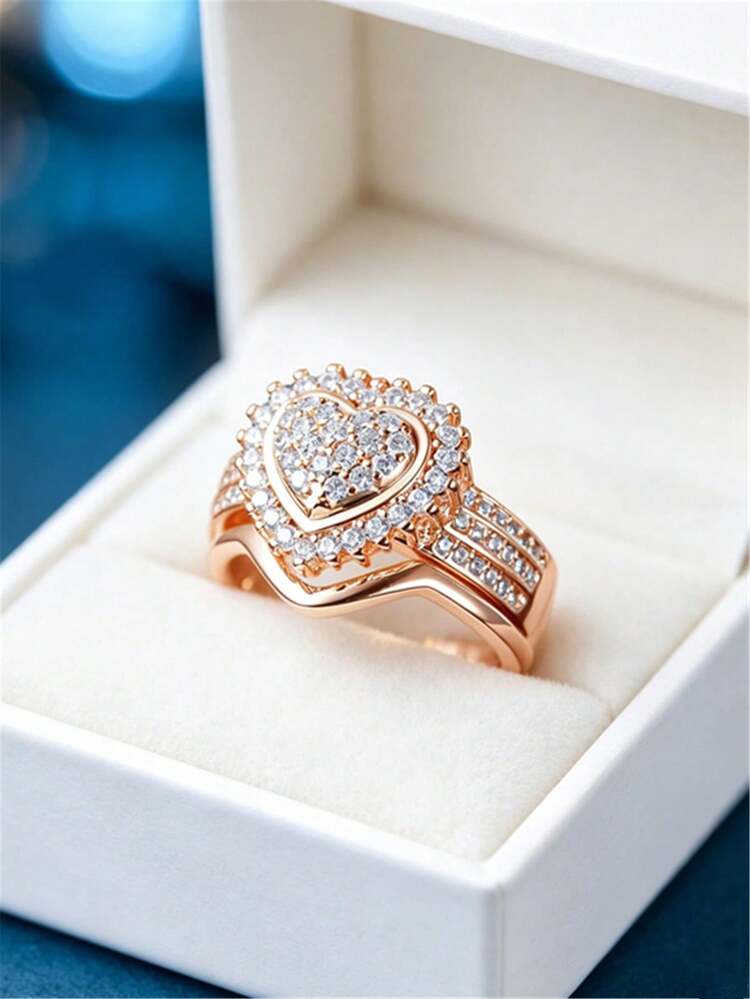 2pcs Women's Engagement Ring Set, Luxury Fashion Gold-Tone Alloy Inlaid Cubic Zirconia Decor Rings, Suitable For Women's Daily Wear, Party, Valentine's Day, Birthday Gift - Rose Gold - View 17