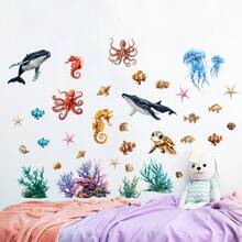 海洋水下生物裝飾貼紙，包含鯨魚、海龜、章魚、水母、海馬、小丑魚、貝殼、珊瑚及其他圖案。這些可移除的 PVC 牆貼非常適合裝飾兒童浴室、育嬰室、幼兒園教室、客廳和臥室。 - 均碼 - 查看 5