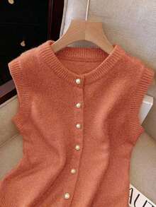 Chaleco de punto elegante y versátil con botones delanteros, estilo elegante y minimalista de moda francesa para mujer - Naranja - Ver 4