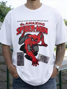 100% Cotton MARVEL Amazing Spider-Man Comic Style Graphic T-Shirt For Men, Summer Streetwear Tee, Ideal Gift - White - View 1