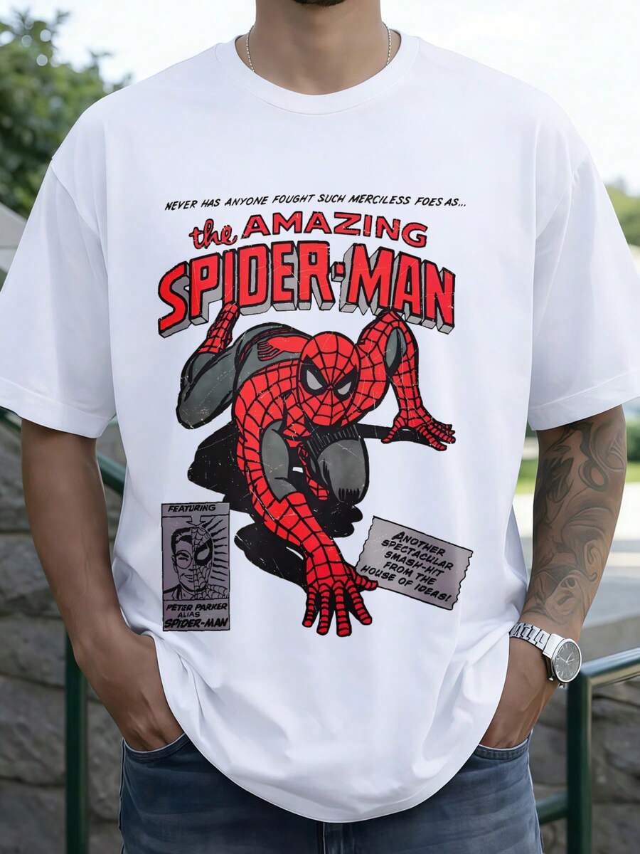 100% Cotton MARVEL Amazing Spider-Man Comic Style Graphic T-Shirt For Men, Summer Streetwear Tee, Ideal Gift - White - View 1