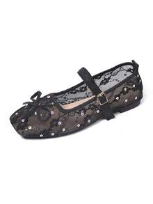 New Women's Buckle Bow Square Toe Mesh Mary Jane Lace Flower Flat Shoes, Solid Color, Fashionable, Elegant, Vacation, Bohemian, Casual, Floral Flat Shoes, Party, Summer - Black - View 8
