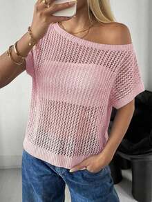 Jersey informal asimétrico de manga corta y hombros descubiertos con escote transparente en color negro - Rosa Pálido - Ver 3