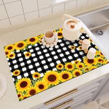 1 pieza Estera de secado de platos con estampado de girasol y cuadros, de alta absorción y secado rápido, almohadilla decorativa de drenaje para mesa de comedor, cafetería, encimera de cocina, regalo versátil para el hogar, decoración de escritorio - XYLSD-404 - Ver 6
