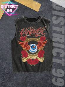 Men;S VonDutchs Style Washed Cotton Sleeveless Vest, Eye & Roses Graphic, Black Retro Distressed Summer Tank Top, Father's Day Gift - 黑色 - 查看 2