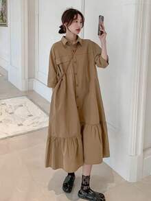 Vestido casual de verano para mujer, talla, color caqui, estilo holgado, versión coreana, corte en A, manga corta, cue... - Caqui - Ver 2