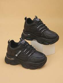 Women's Platform Sneakers, Casual Lace-Up Letter Print Sporty Trainers, Suitable For Spring And Autumn - Black - View 6