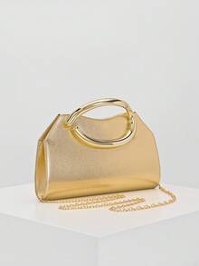 Bolso de mano minimalista de moda europea y americana para mujer, bolso sobre, bolso de embrague de PU para la noche, bolso asimétrico, adecuado para combinar con vestidos de baile, fiesta, boda, novia, dama de honor, vestido de cumpleaños, incluye correa de cadena - Dorado - Ver 5
